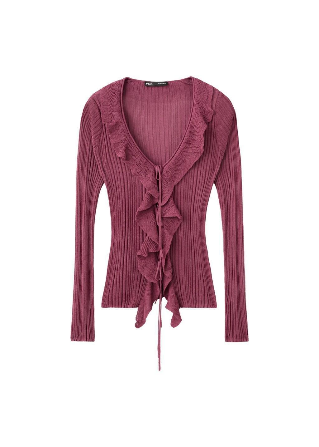 Red Textured Knit Cardigan With Frill Detail, Dark Red, large image number 5