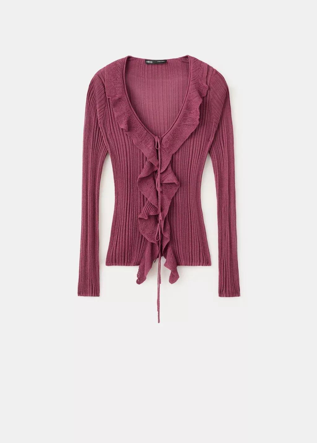 Red Textured Knit Cardigan With Frill Detail, Dark Red, large image number 6