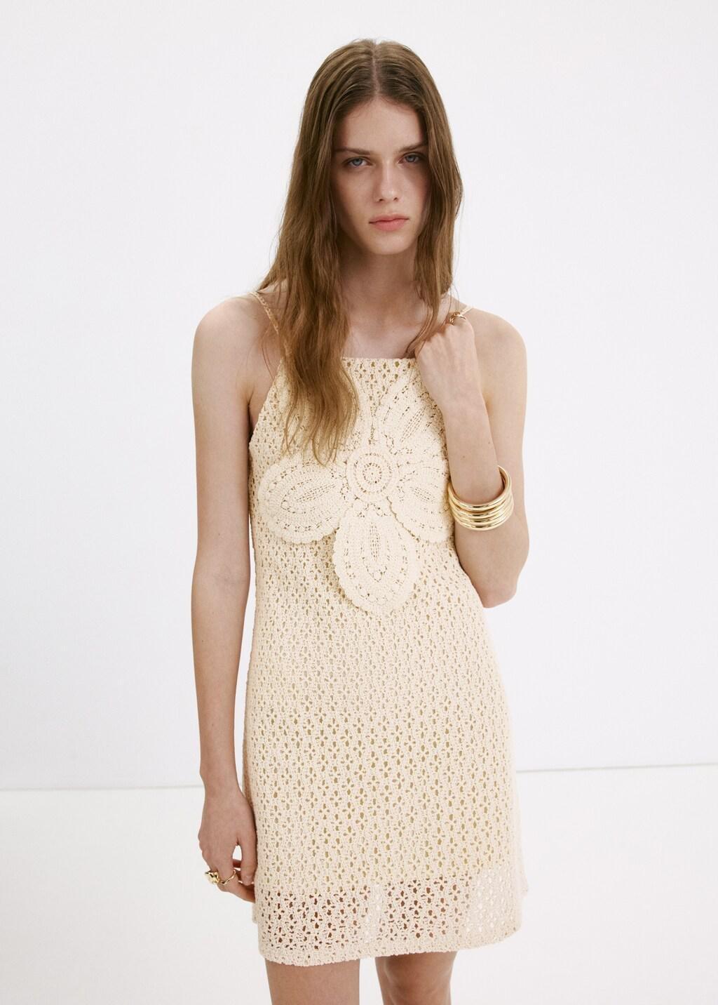 Beige Crochet Dress With Floral Detail, Light Beige, large image number 3