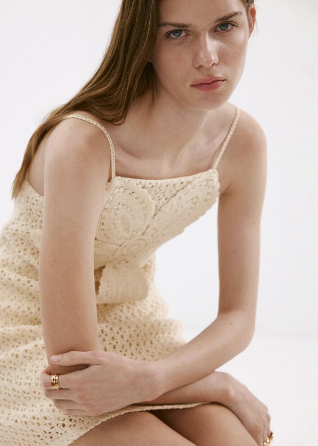 Beige Crochet Dress With Floral Detail, Light Beige, large image number 4