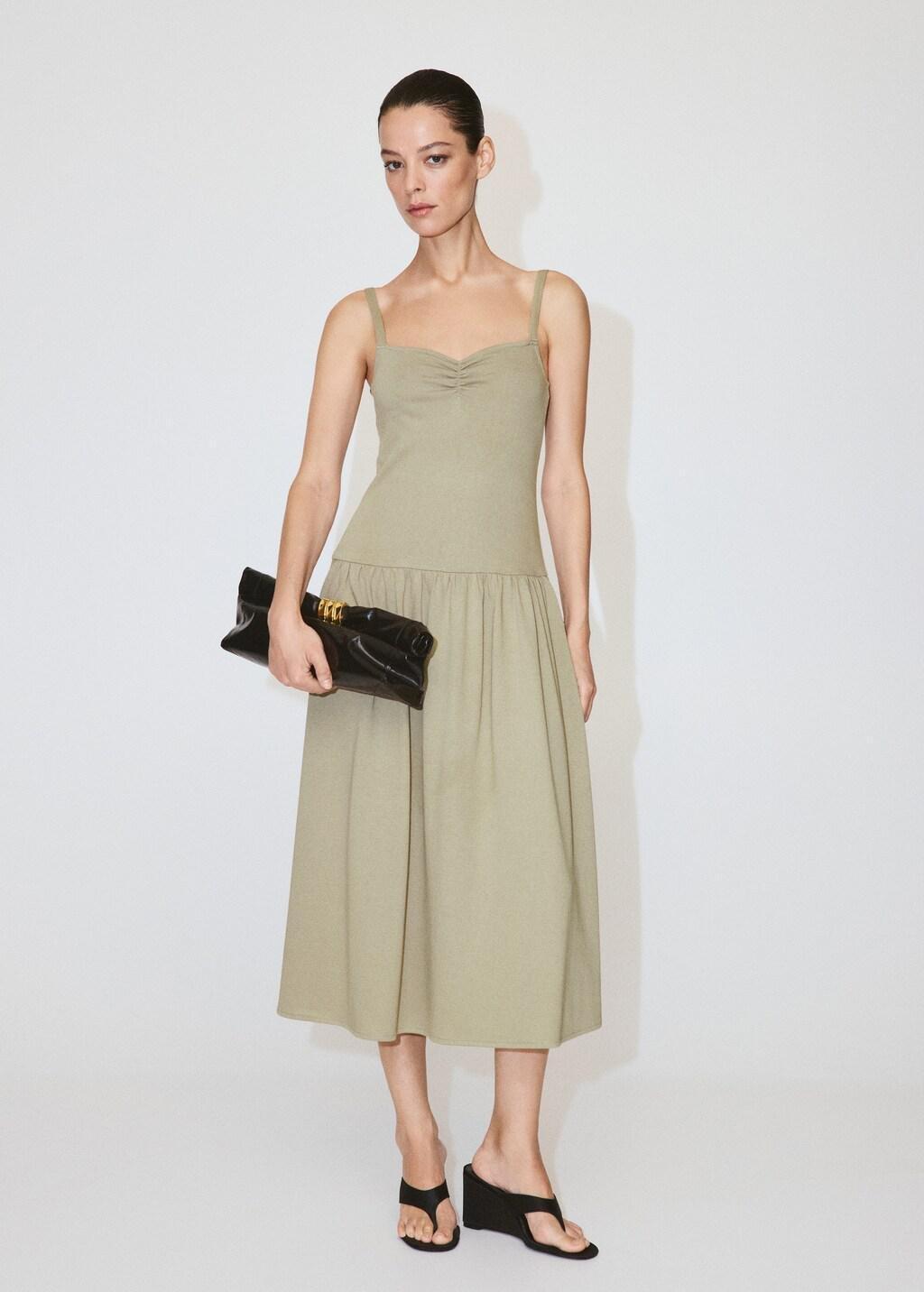 Khaki Ruched Neckline Volume Dress, Beige - Khaki, medium