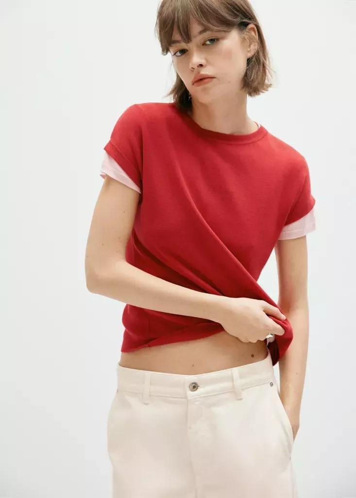 Red Short-Sleeve Knitted T-Shirt, Red, medium