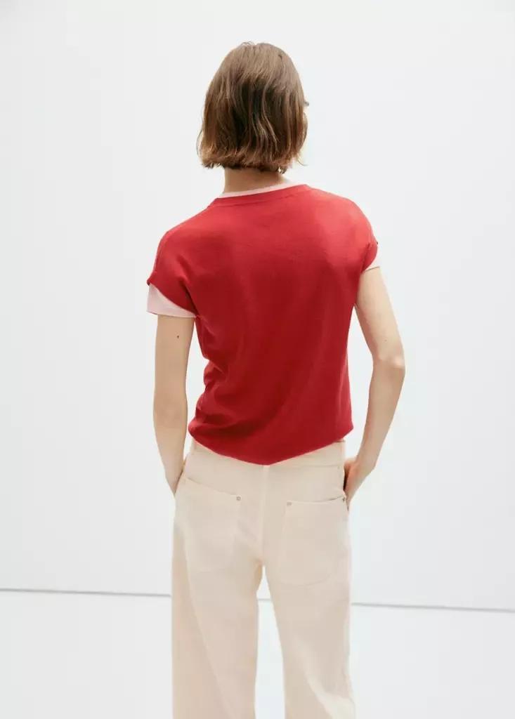 Red Short-Sleeve Knitted T-Shirt, Red, medium
