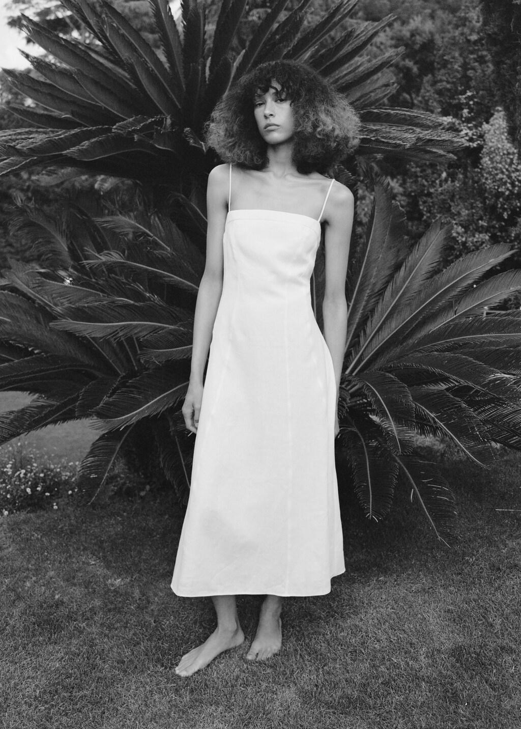 White Linen Dress With Stitch Detailing, White, large image number 0