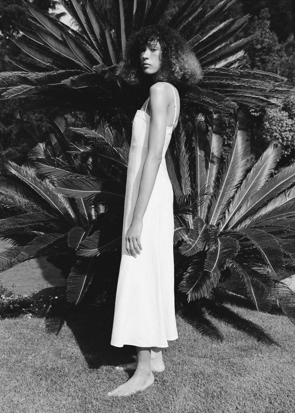 White Linen Dress With Stitch Detailing, White, large image number 2