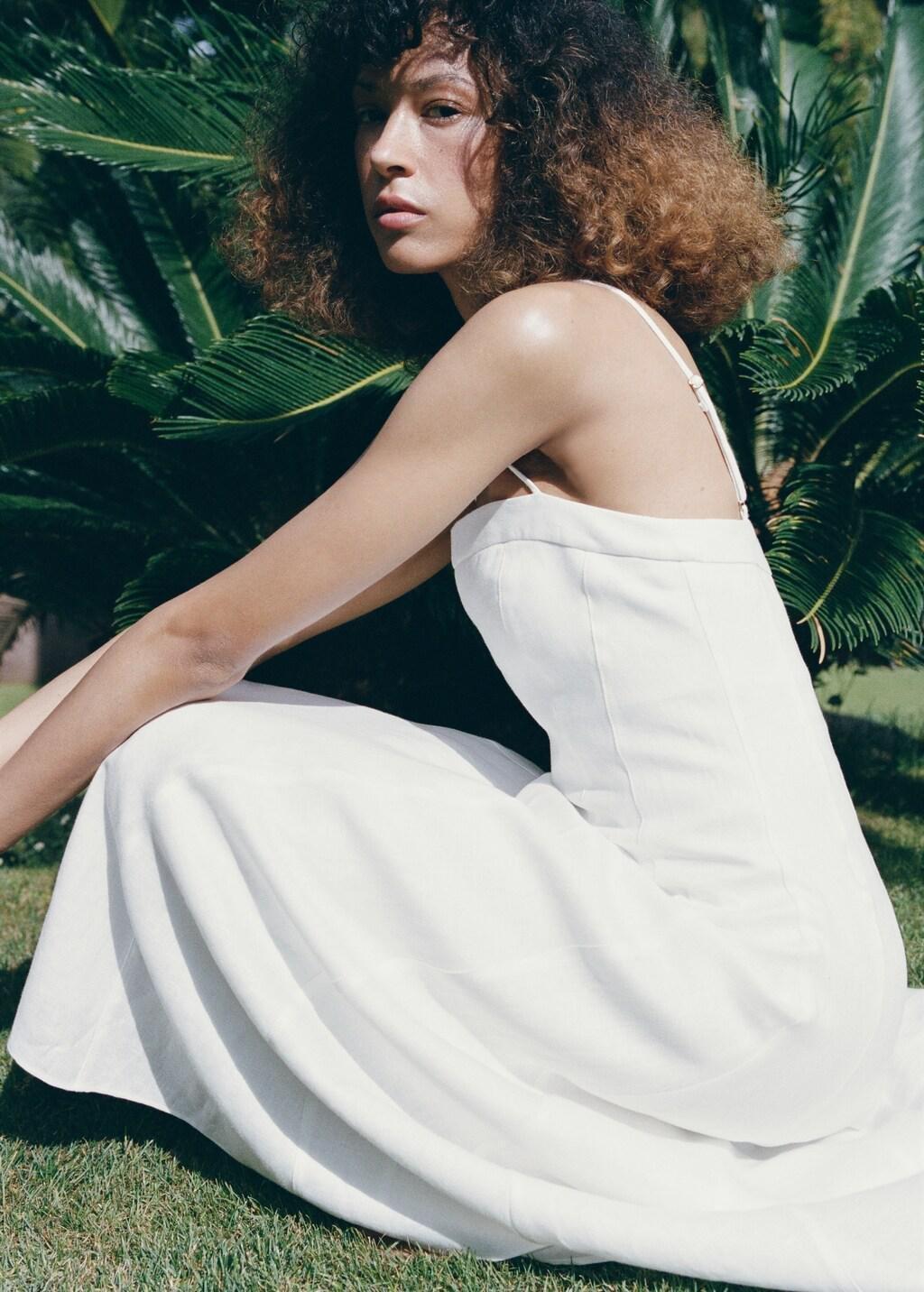 White Linen Dress With Stitch Detailing, White, large image number 4