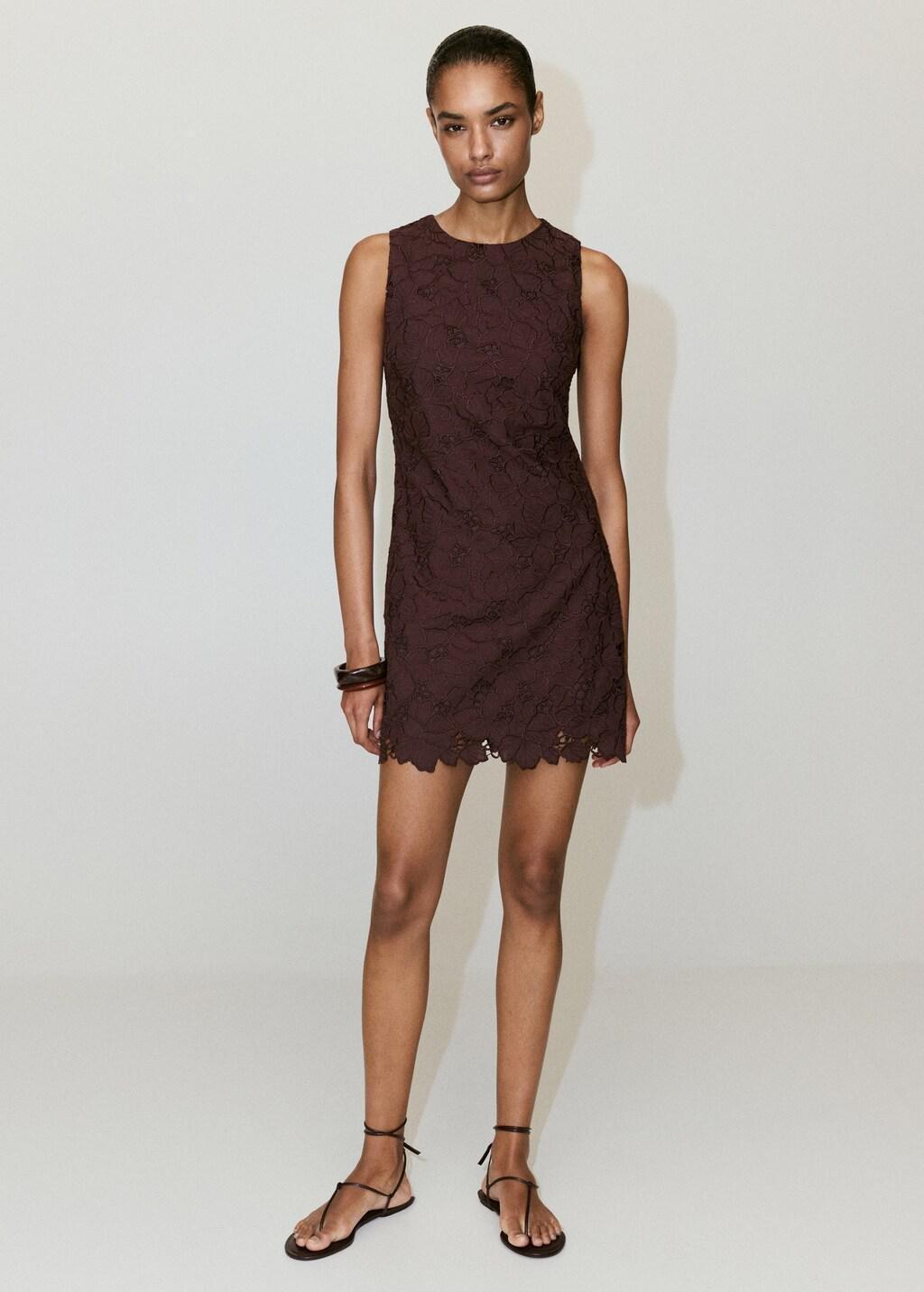 Brown Broderie Anglaise Floral Dress, Brown, large image number 0