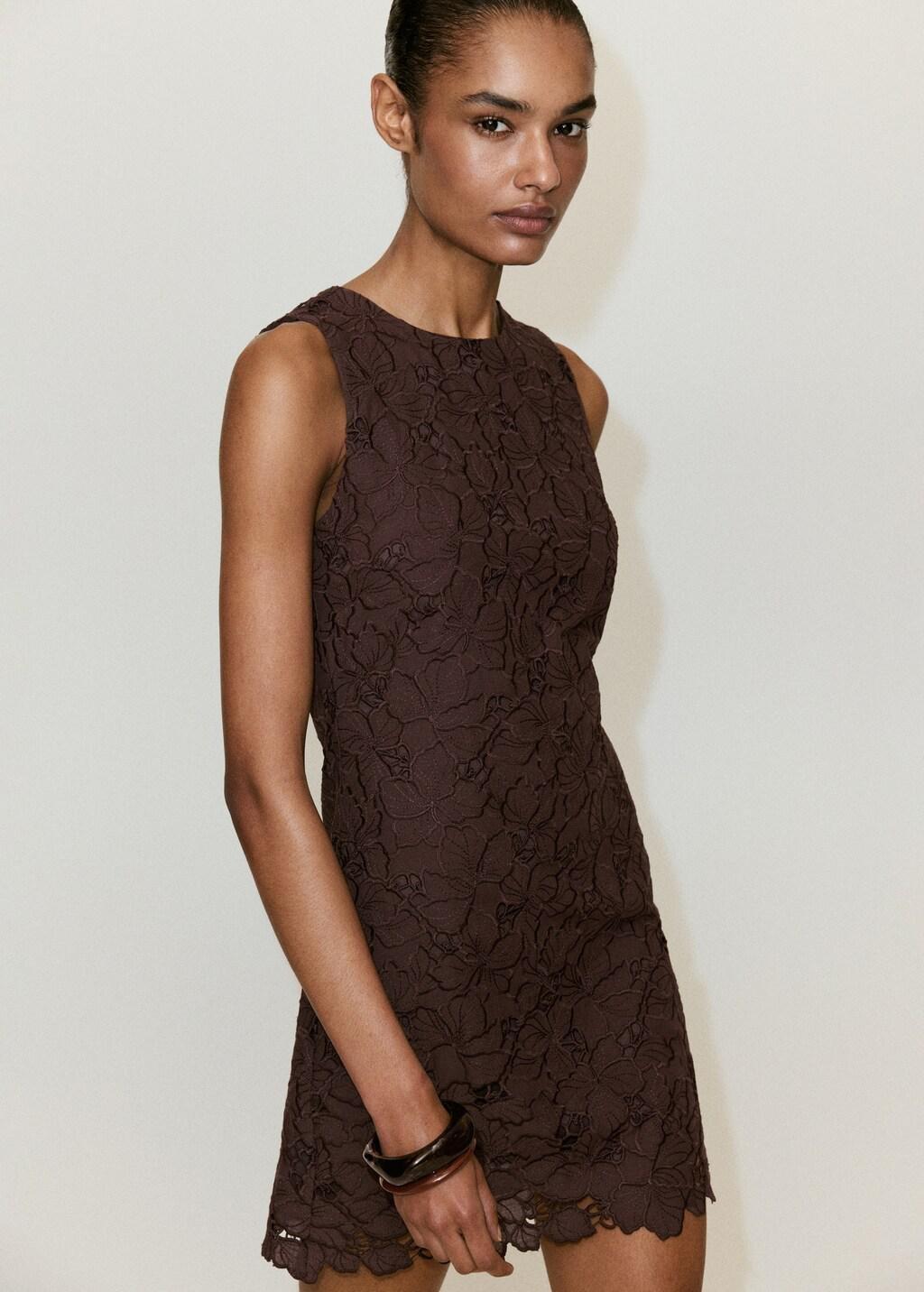 Brown Broderie Anglaise Floral Dress, Brown, large image number 3