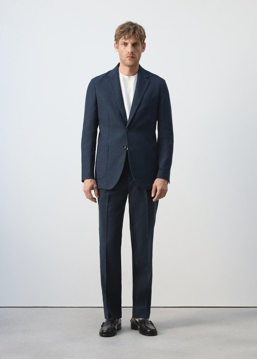 Navy Slim Fit Linen-Cotton Striped Blazer, Navy, large image number 0