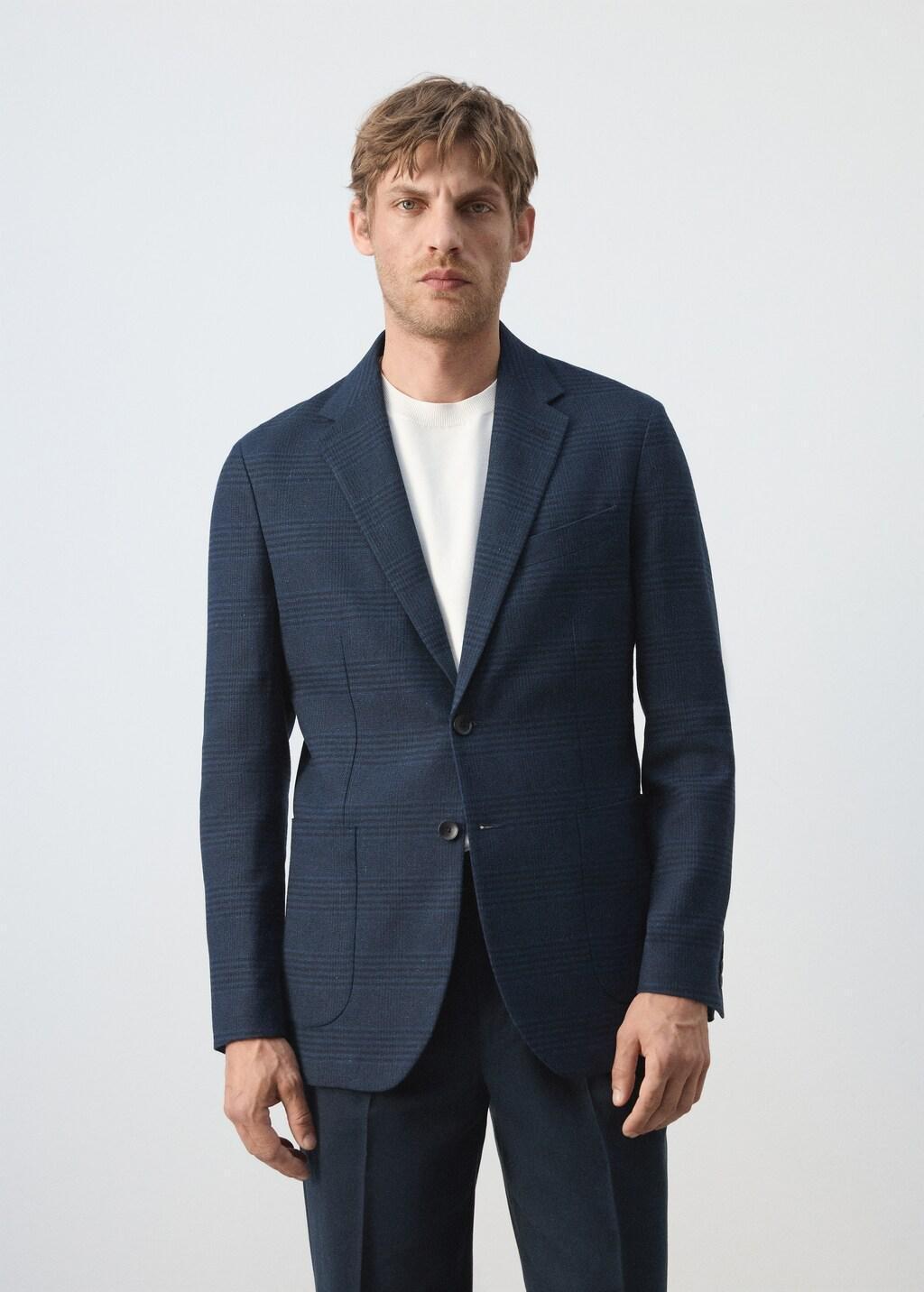 Navy Slim Fit Linen-Cotton Striped Blazer, Navy, large image number 3