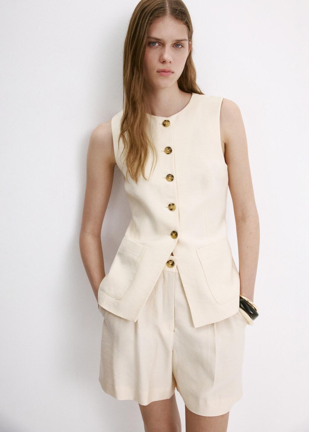 Beige Waistcoat With Buttons And Pockets, Light Beige, large image number 3