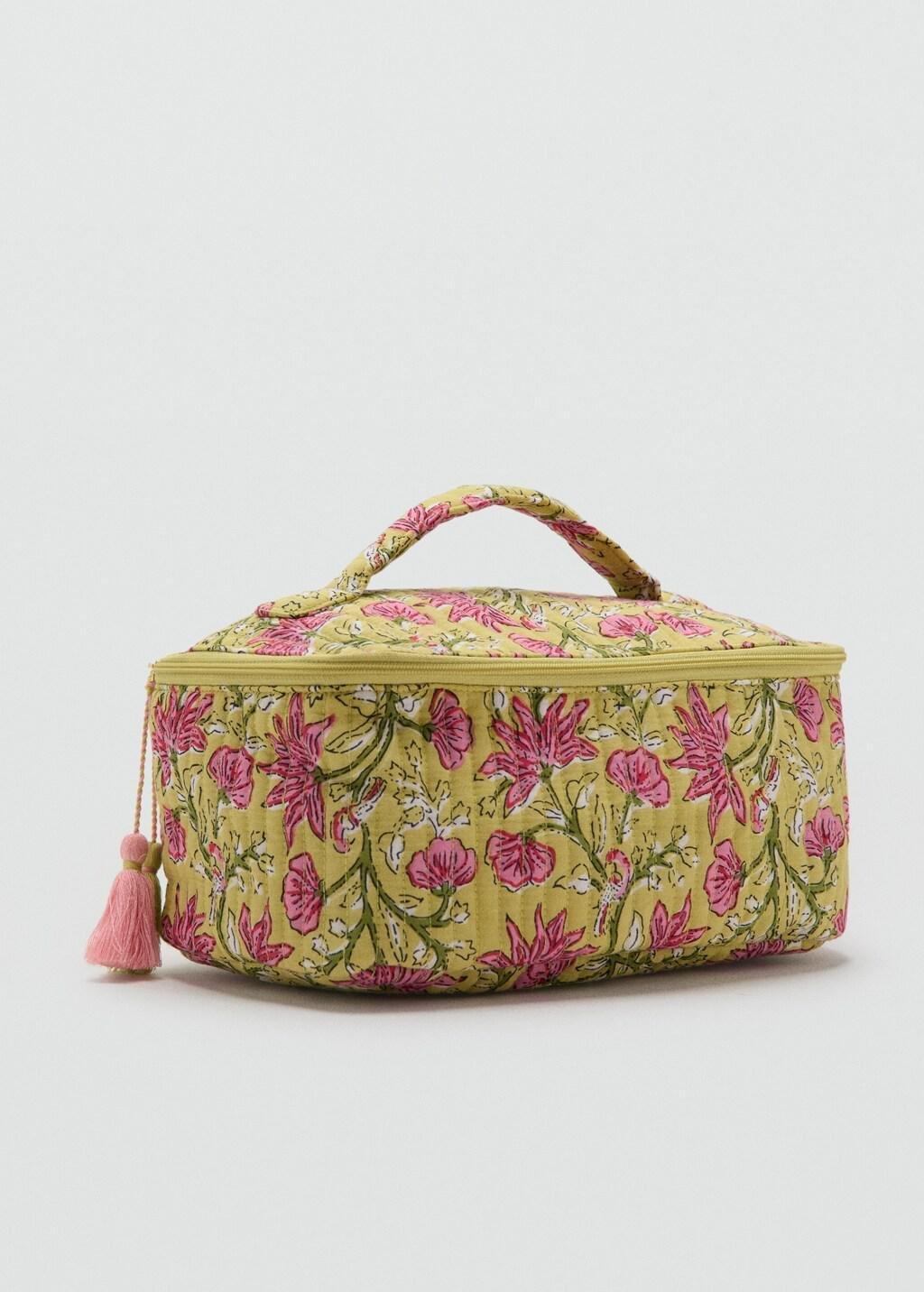 Green Flower-Printed Cotton Toiletry Bag, Green, medium