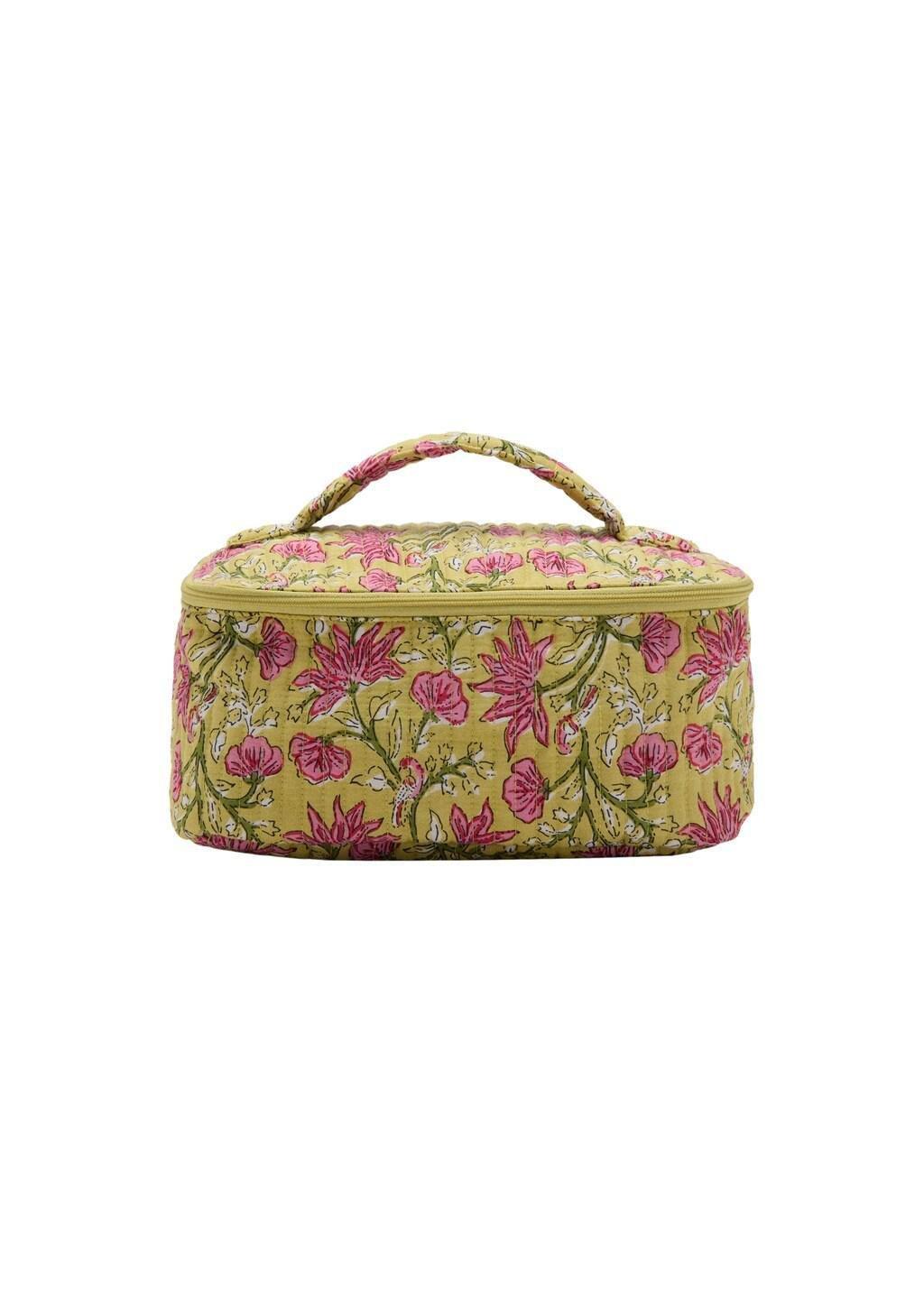 Green Flower-Printed Cotton Toiletry Bag, Green, medium