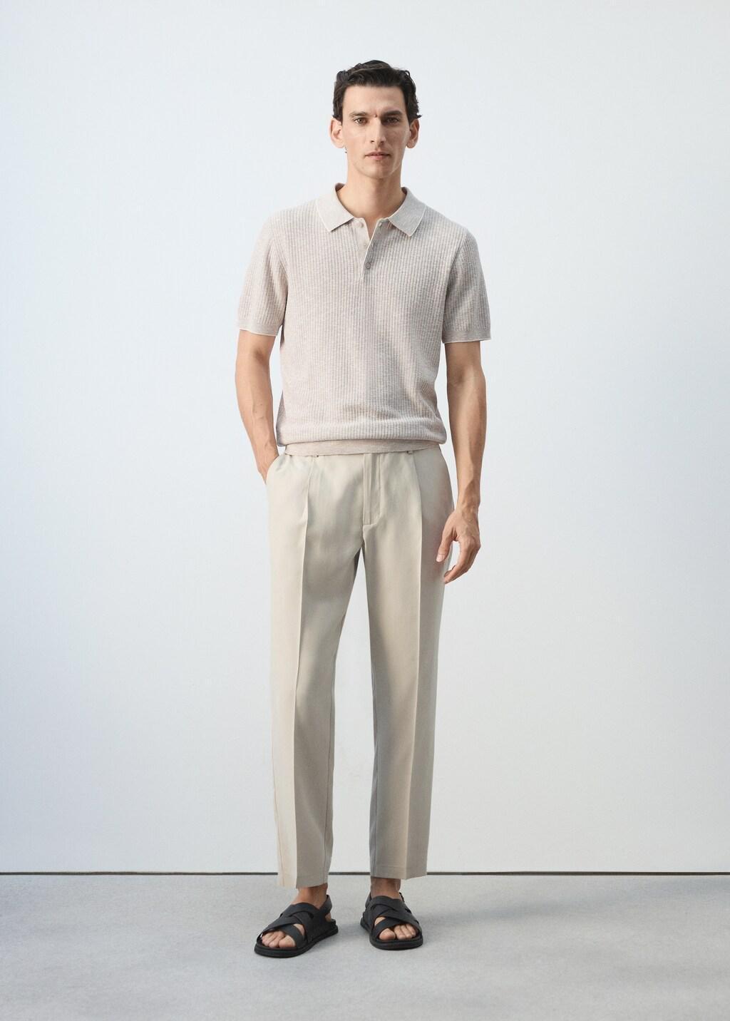 Brown Lt Pastel Ribbed Cotton-Linen Blend Polo, Light Pastel Brown, large image number 0