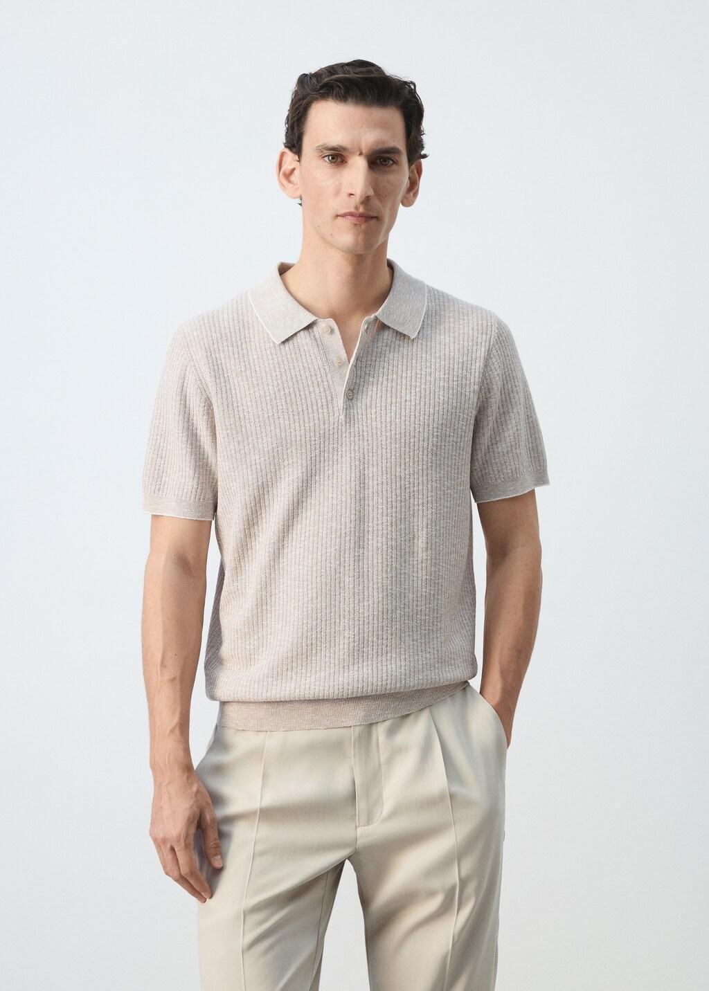 Brown Lt Pastel Ribbed Cotton-Linen Blend Polo, Light Pastel Brown, large image number 3