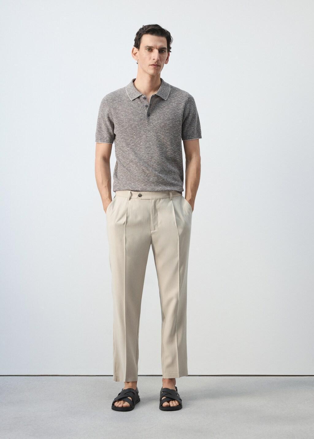 Navy Ribbed Cotton-Linen Blend Polo, Navy, large image number 0
