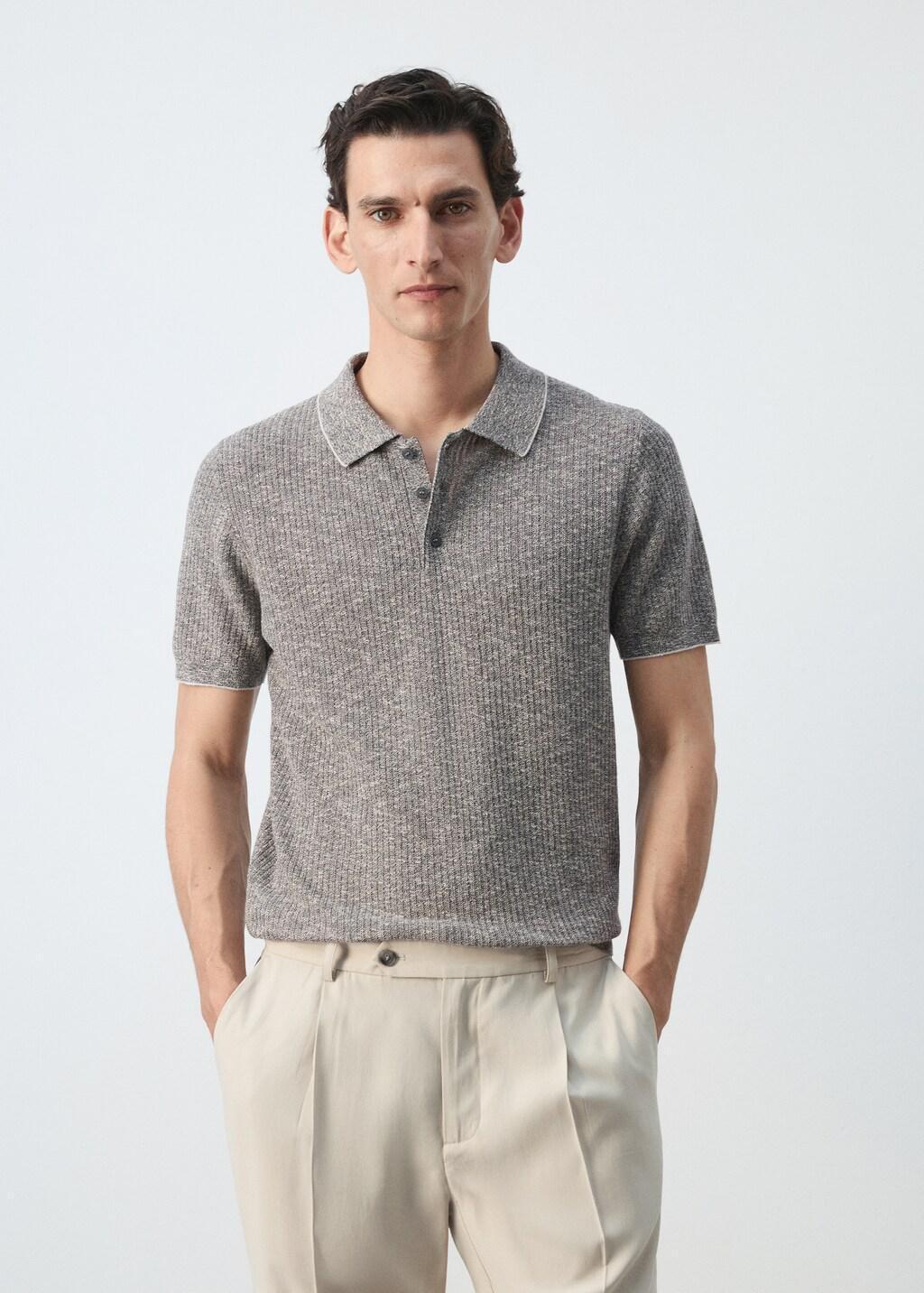 Navy Ribbed Cotton-Linen Blend Polo, Navy, large image number 3