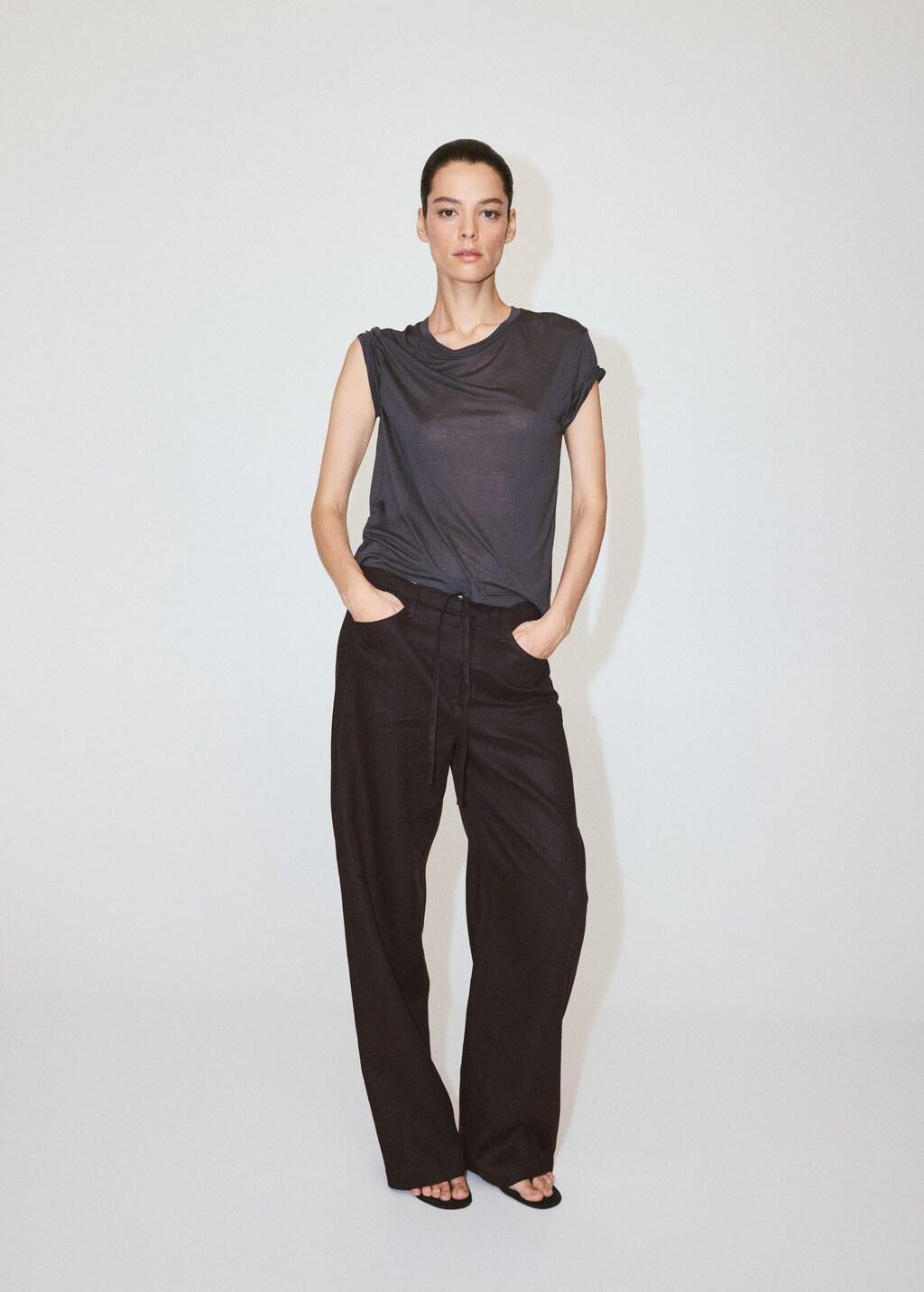 Brown Bow Linen Trousers, Dark Brown, large image number 0