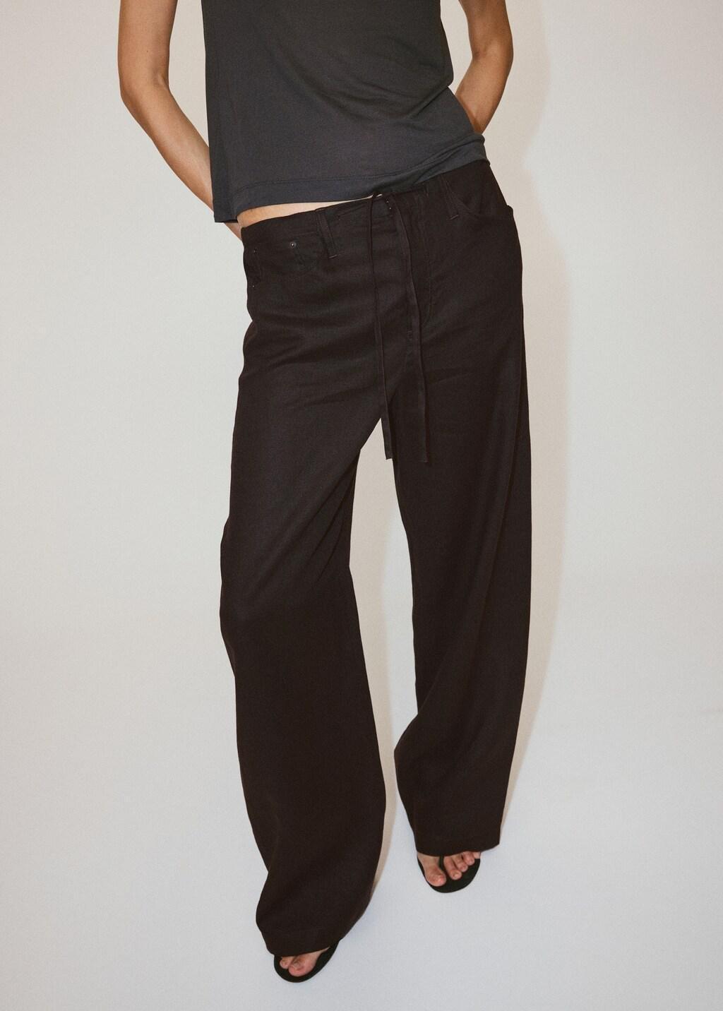 Brown Bow Linen Trousers, Dark Brown, large image number 3