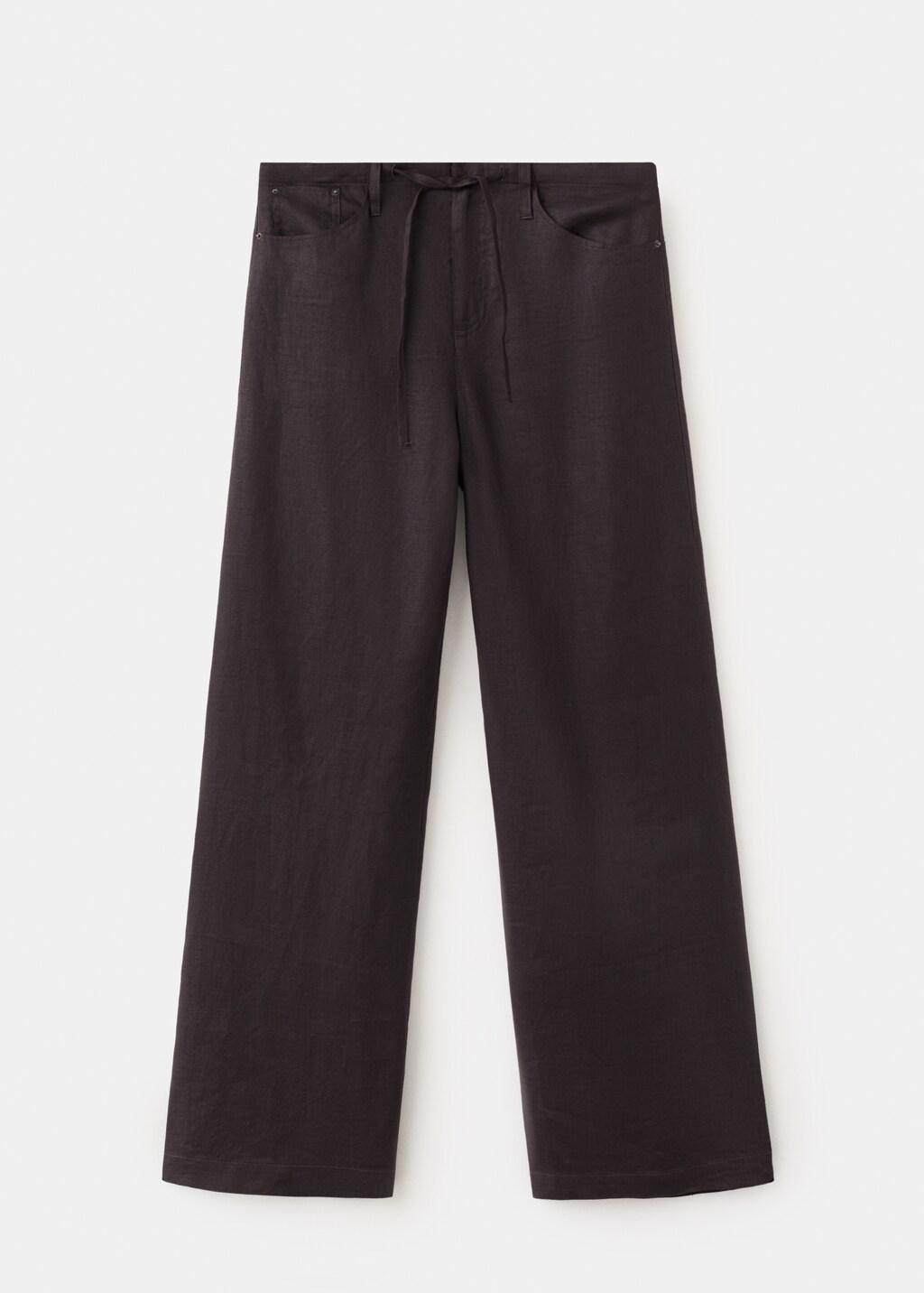 Brown Bow Linen Trousers, Dark Brown, large image number 7