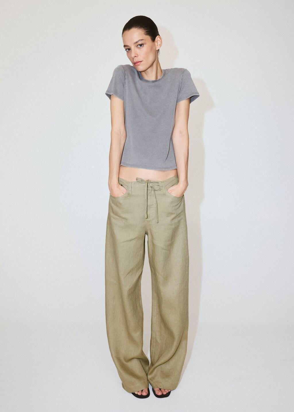 Khaki Bow Linen Trousers, Beige - Khaki, large image number 0