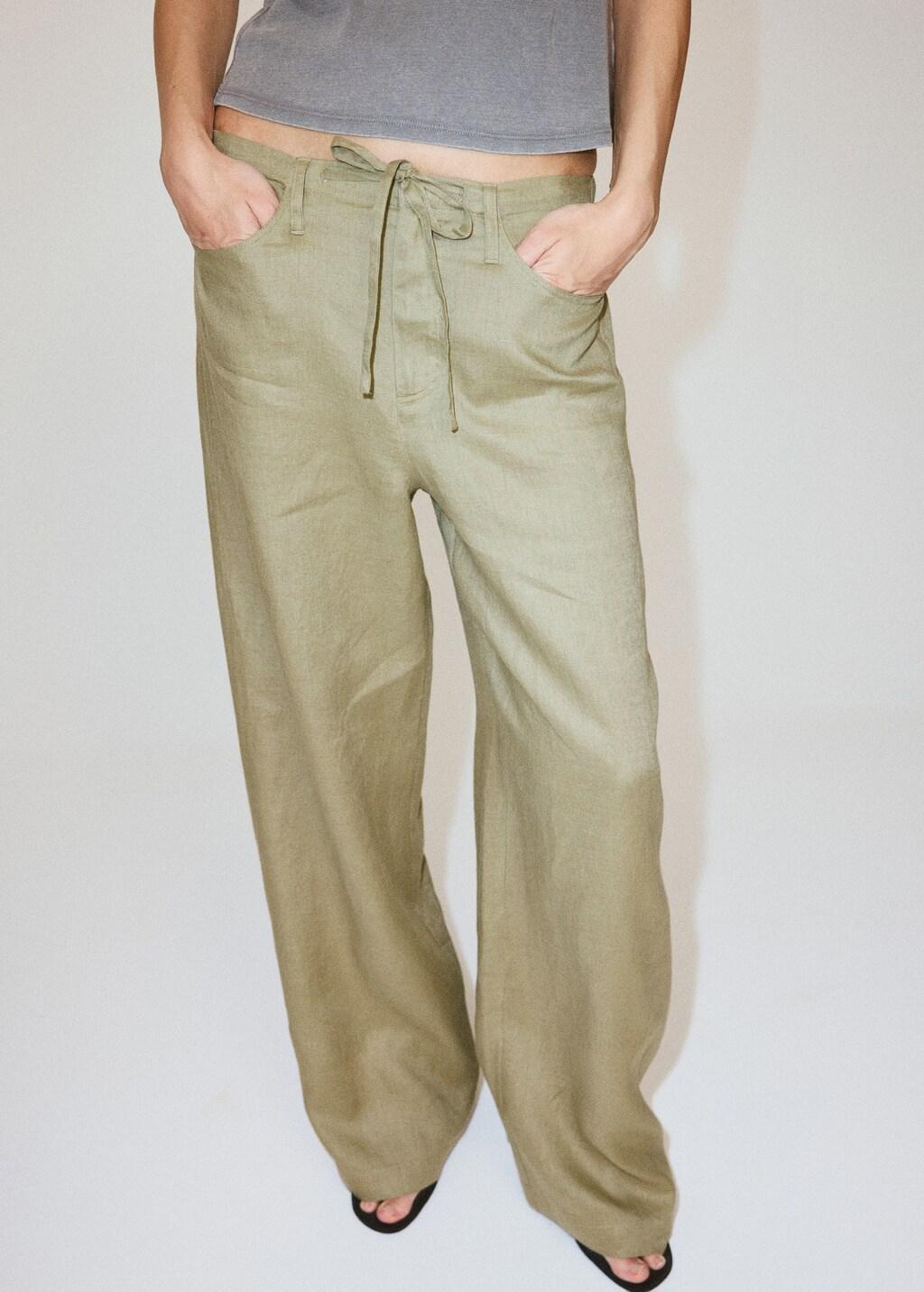 Khaki Bow Linen Trousers, Beige - Khaki, large image number 3