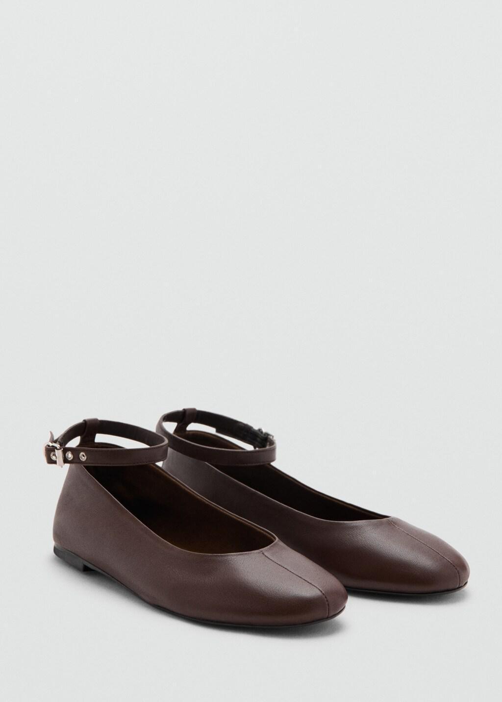 Brown Leather Ankle Strap Ballet Flats, Dark Brown, medium