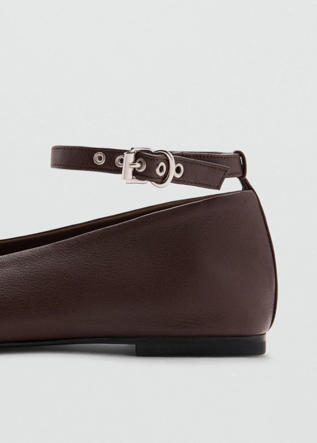 Brown Leather Ankle Strap Ballet Flats, Dark Brown, medium
