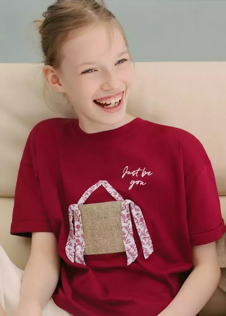 RED Cotton T-shirt with raised detail, Kids Girls, Dark Red, medium