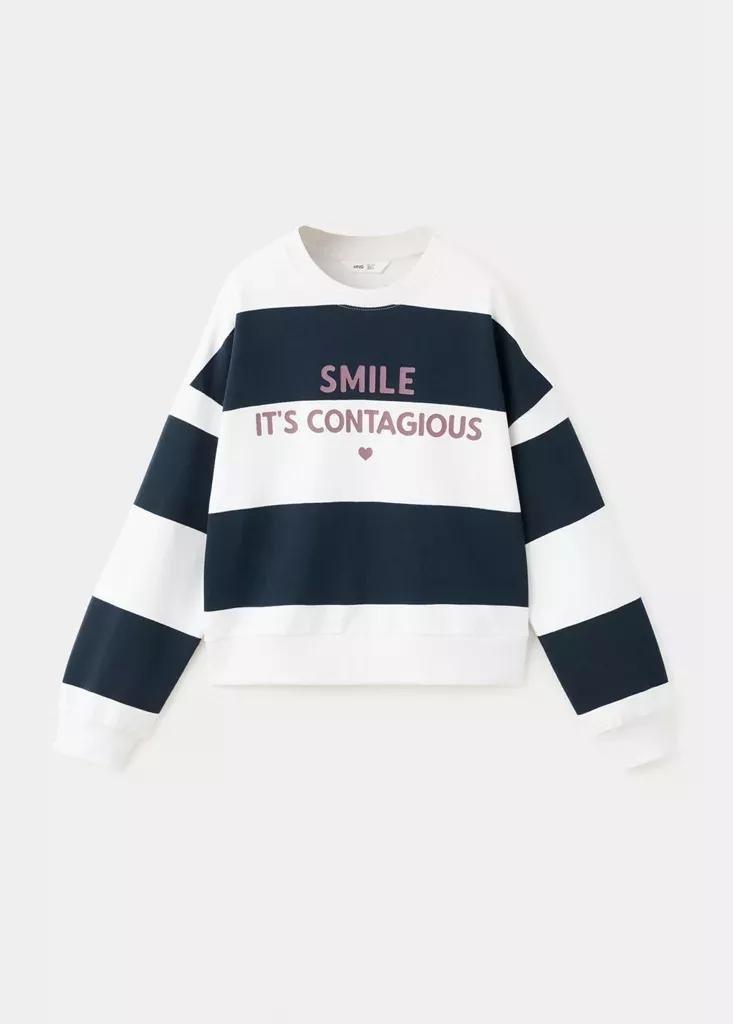 Navy Striped Sweatshirt With Printed Phrase, Kids Girls, Navy, large image number 0