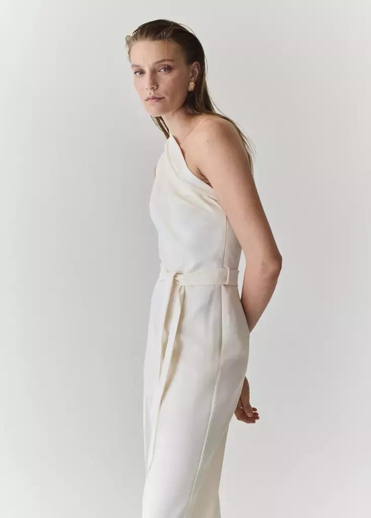 White Asymmetric Belt Jumpsuit, Natural White, large image number 0
