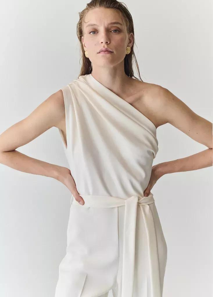 White Asymmetric Belt Jumpsuit, Natural White, medium
