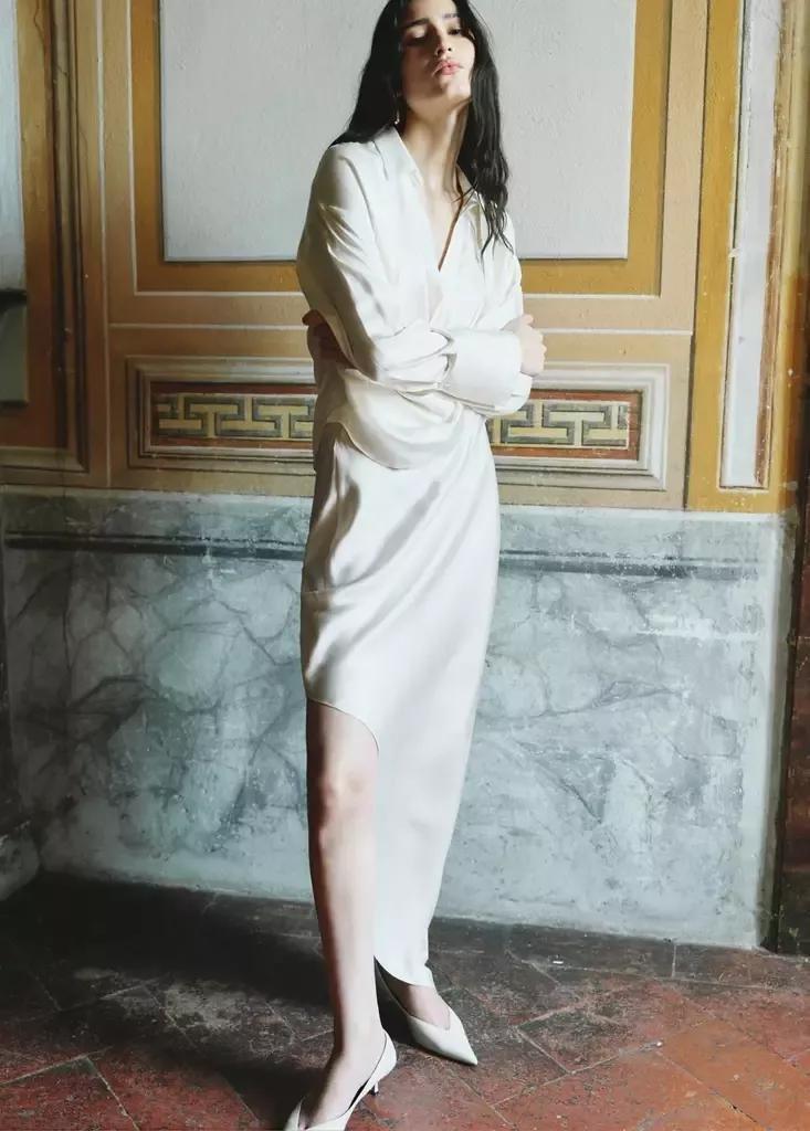 WHITE Asymmetrical satin dress, Natural White, large image number 1