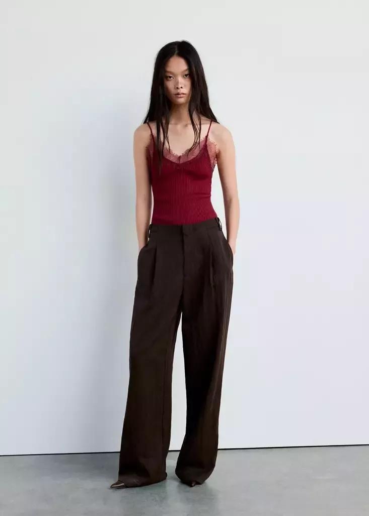 Burgundy Ribbed Lace Top, , large image number 0