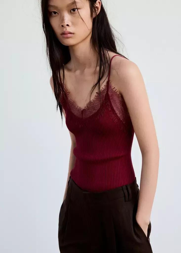 Burgundy Ribbed Lace Top, , medium