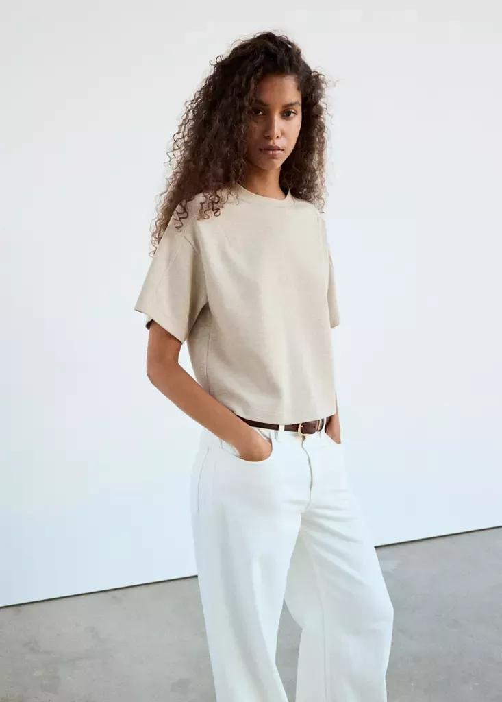 Beige Seam Detail T-Shirt, Light Beige, large image number 4