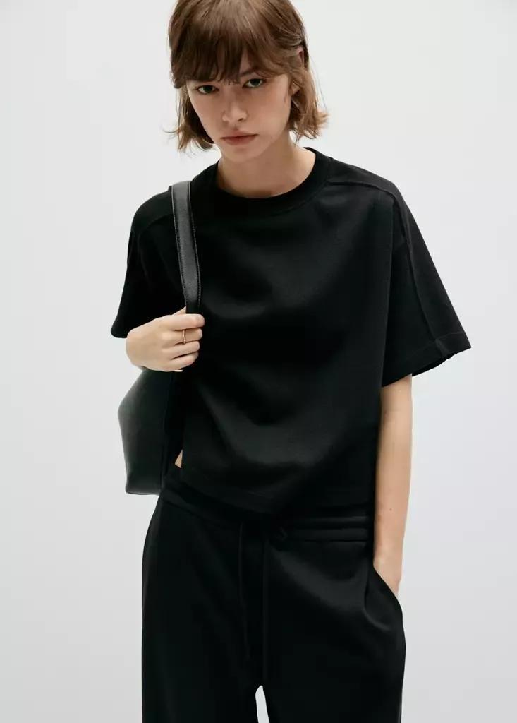 Black Seam Detail T-Shirt, Black, medium