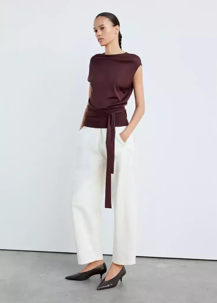 Burgundy Belted Knitted Waistcoat, , medium