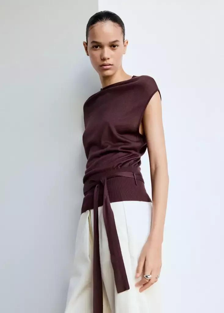 Burgundy Belted Knitted Waistcoat, , medium