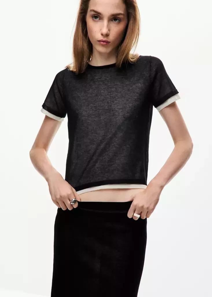 Black Short-Sleeved Combined Sweater, , medium
