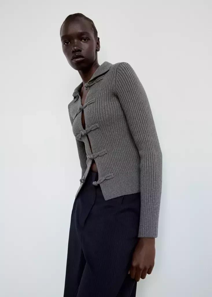 Grey Ribbed Duffle Cardigan, , medium