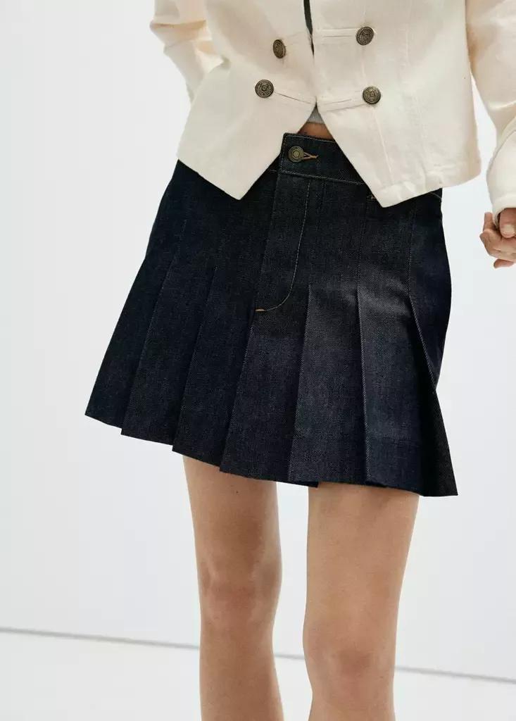 Navy Pleated Denim Skirt, Open Blue, large image number 0