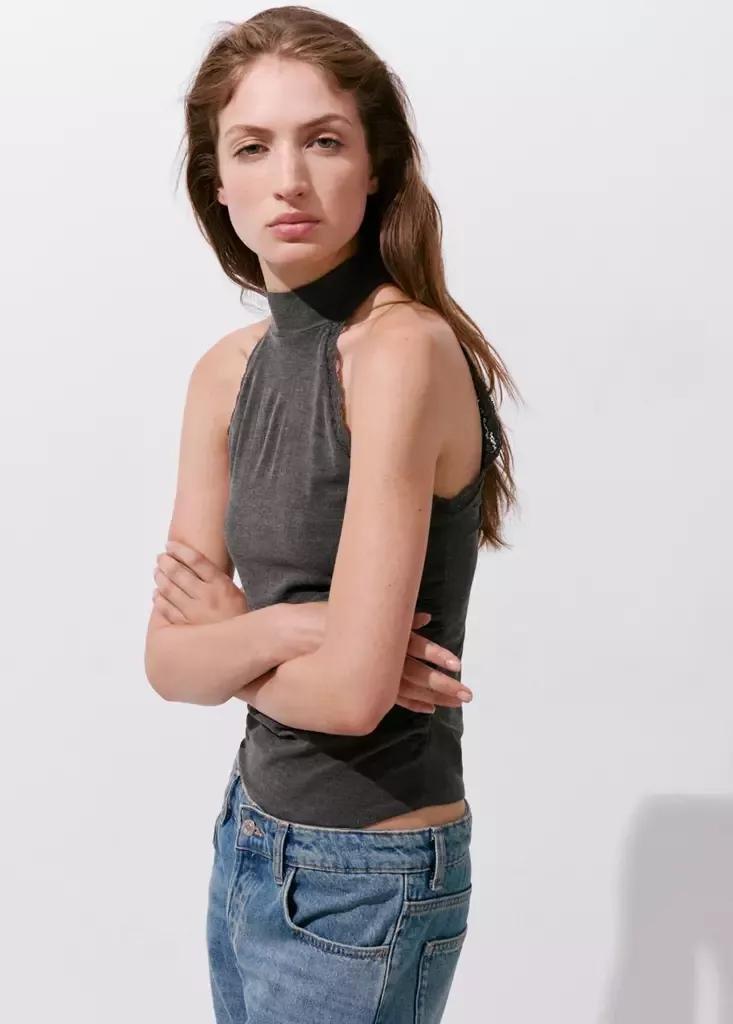 Grey High Neck Top With Lace Details, Grey, large image number 1