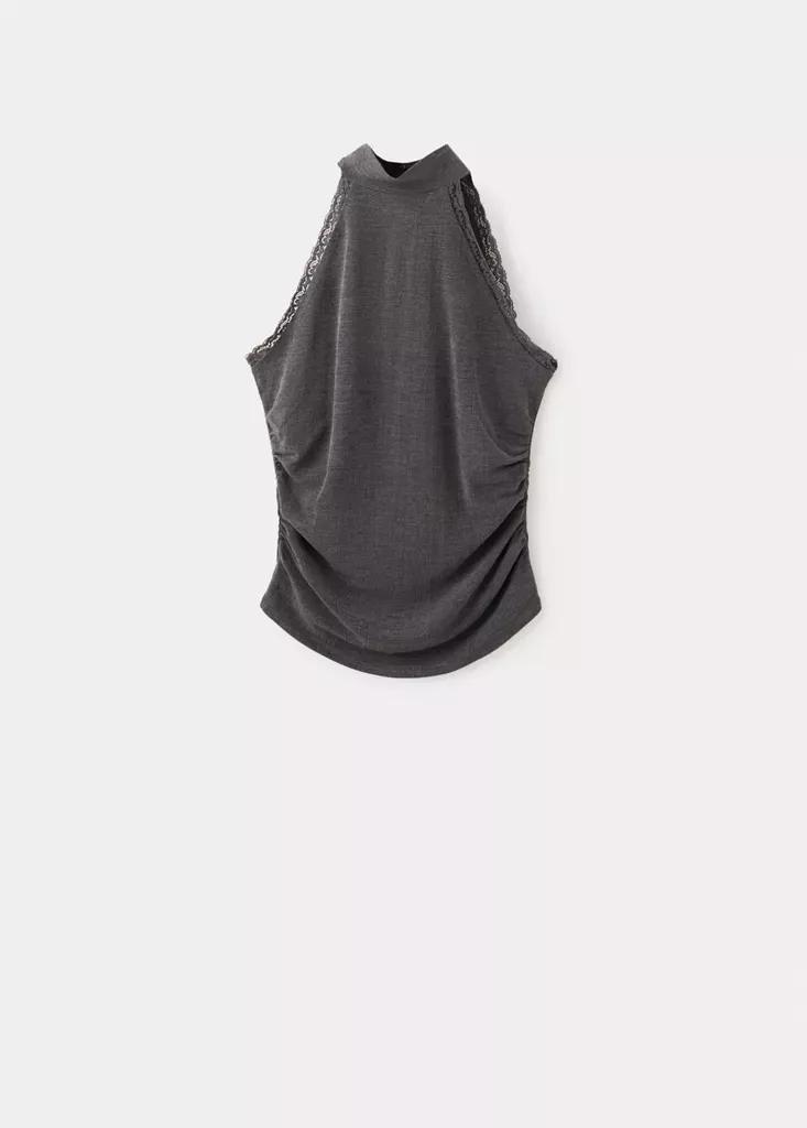 Grey High Neck Top With Lace Details, Grey, large image number 4