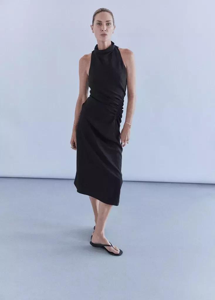 Black Ruched Dress With Draped Neckline, , medium