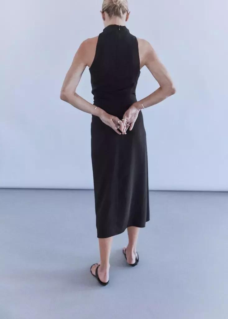 Black Ruched Dress With Draped Neckline, , large image number 2