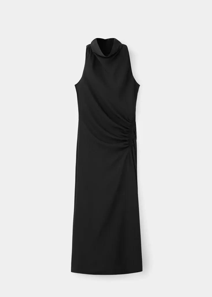 Black Ruched Dress With Draped Neckline, , large image number 3