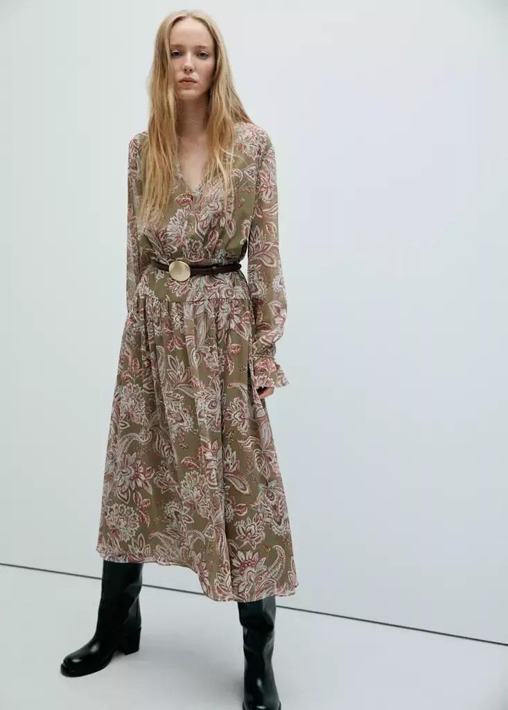 Green Floral Textured Dress, , medium