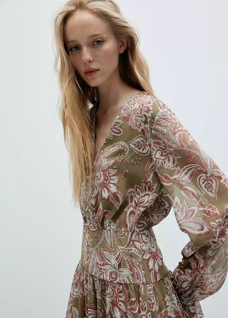 Green Floral Textured Dress, , large image number 1