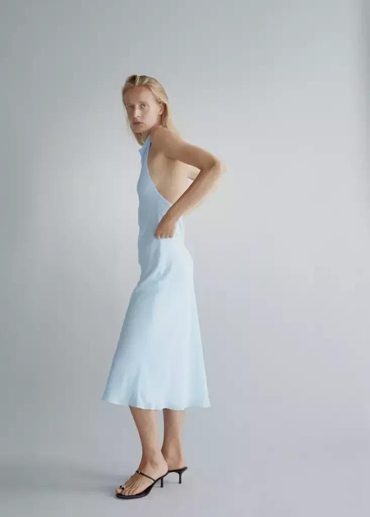 Blue Draped Halter Dress, , medium